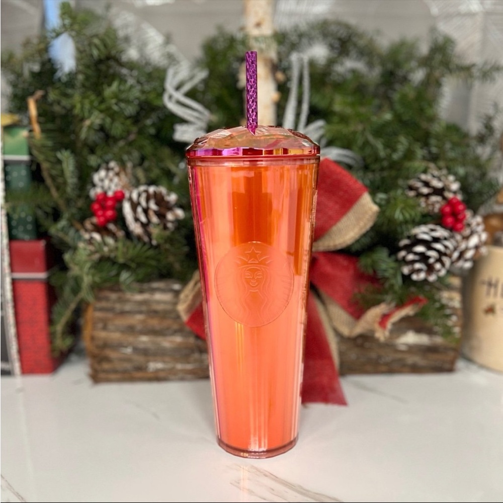 Starbucks Red-Orange Cold Cup with Pink Accent Lid